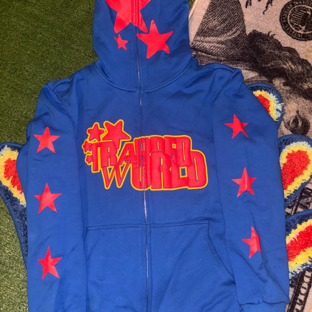 Trapped World Blue Hoodie With Red Stars